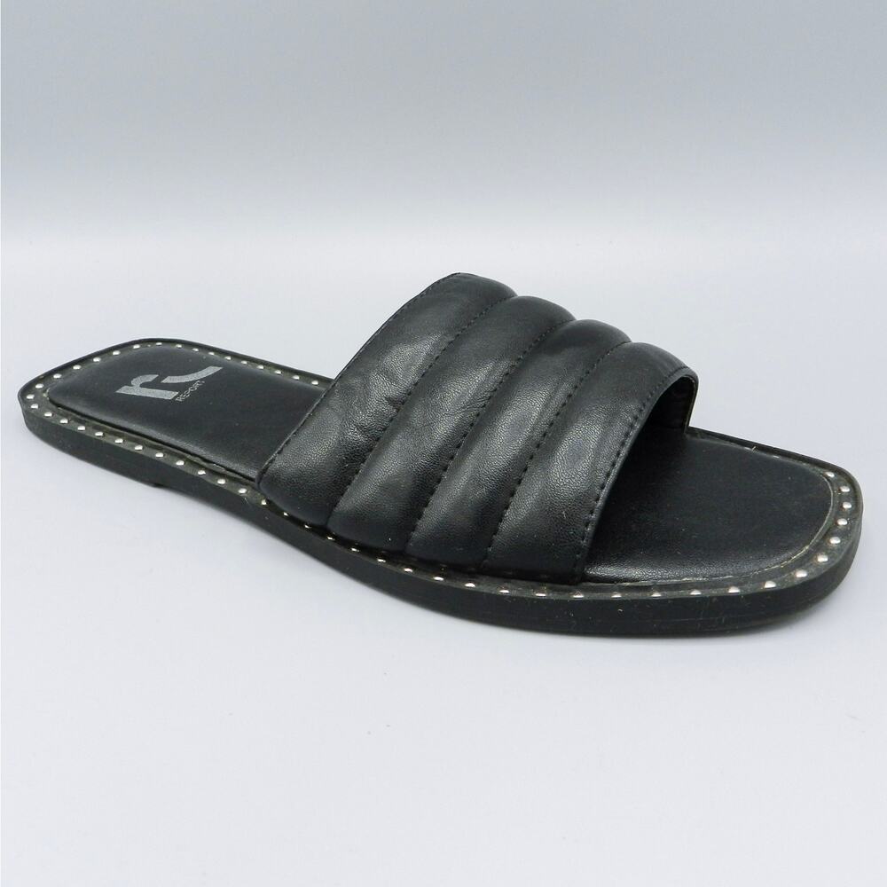 Report Rosalee Puff Slide Sandals Studded Sz 7 Black Faux Leather Square‎ Toe